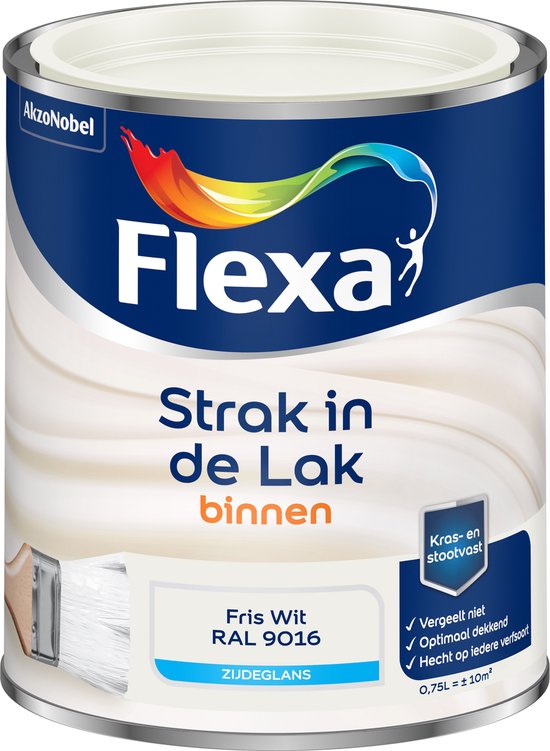 Flexa Strak in de Lak binnen, blanc frais RAL 9016, satiné. Boîte avec logo, texte et image d'un pinceau.