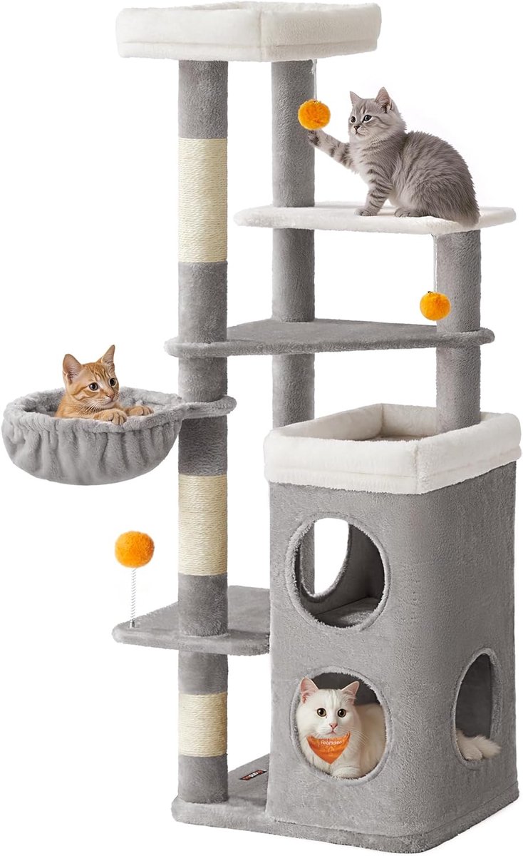Feandrea kattenkrabpaal, 152 cm hoog, meervoudige kattenboom met 2 grote grotten, 1 ligstoel, 3 krabpalen, 3 platforms, kattenkrabpaal, duifgrijs PCT007G01