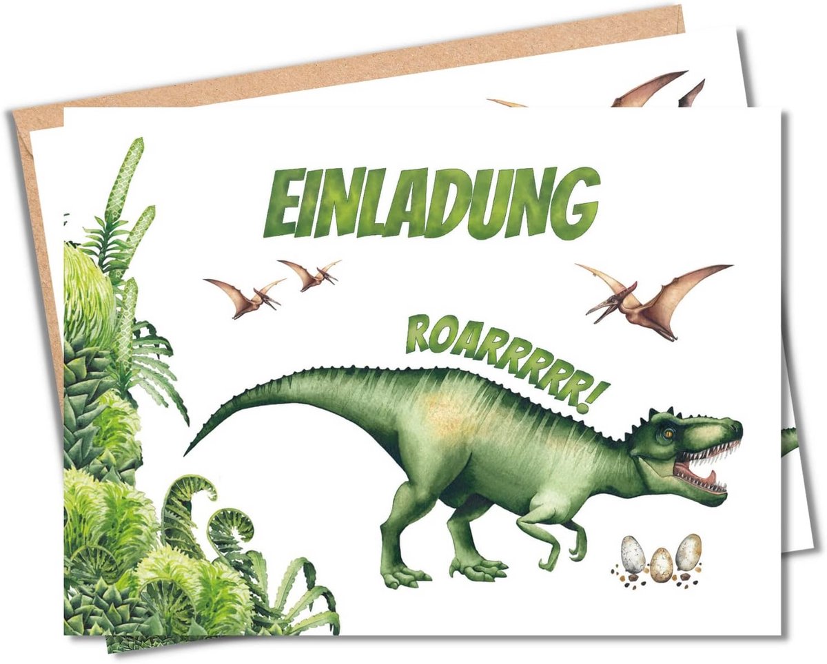 Uitnodigingskaarten kinderverjaardag jongens | Schattige dino uitnodigingen | 10 kaarten + 10 enveloppen | Premium kwaliteit