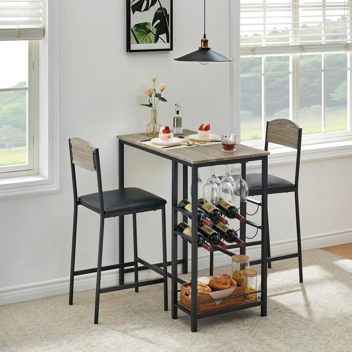 Bartafel Set 3-delig – Eettafel met 2 Barkrukken – Met Opbergruimte – Grijs – Keuken & Eetkamer