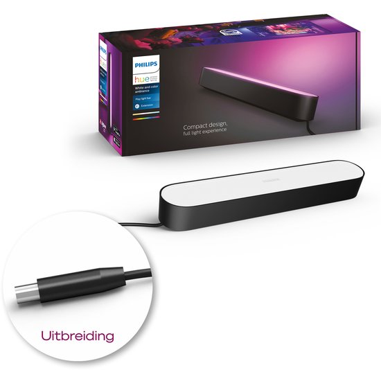 Zwarte Philips Hue Play lightbar met witte bovenkant en stekker, met tekst 'Uitbreiding' in cirkel.