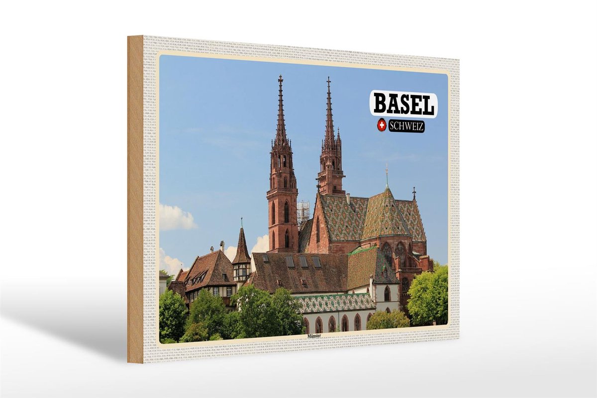 Holzschild Reise Basel Schweiz Münster Kirche 30x20cm