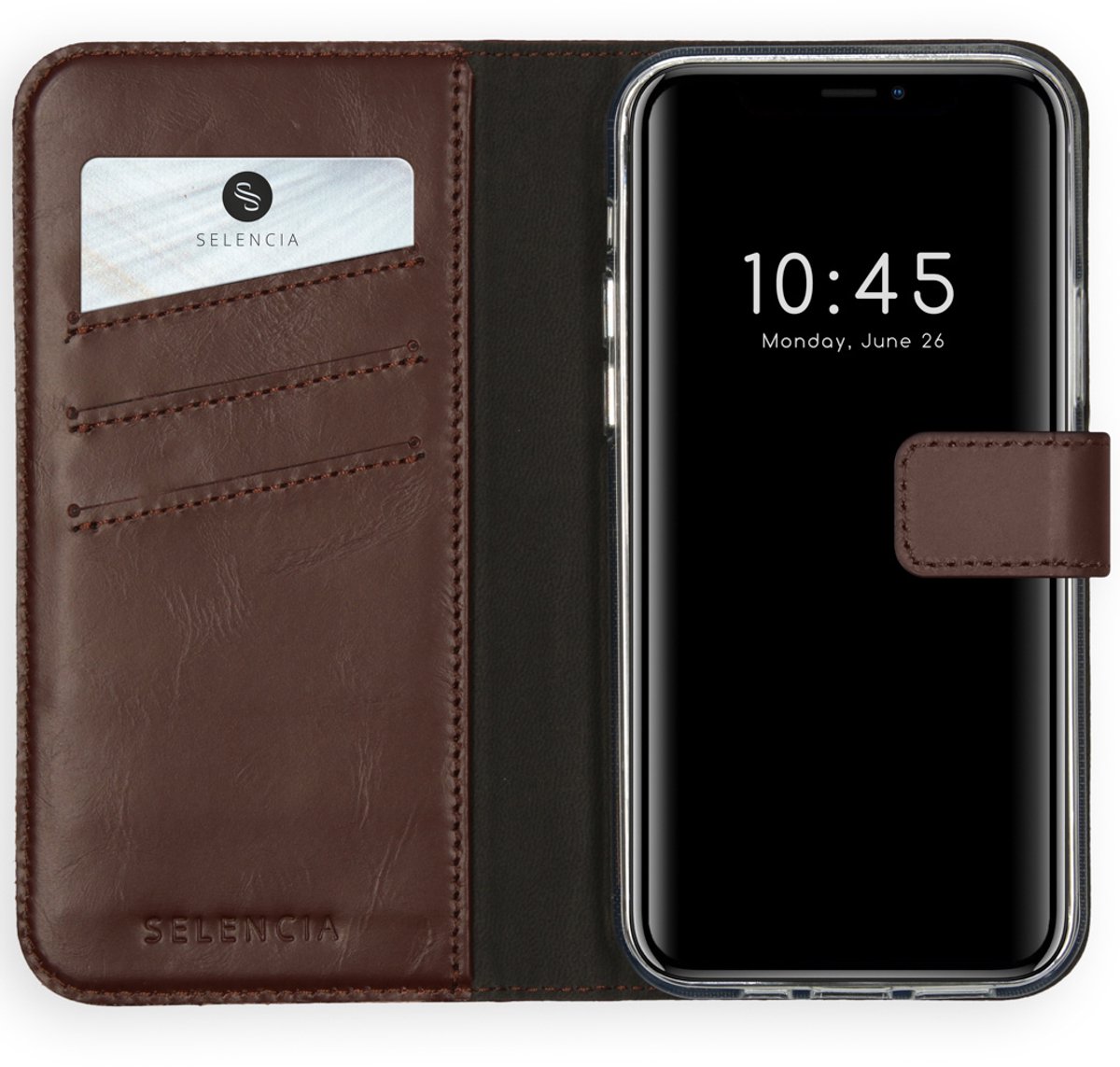 Selencia Hoesje - Geschikt voor Apple iPhone 12 Pro Max - Echt Lederen Bookcase - Bruin