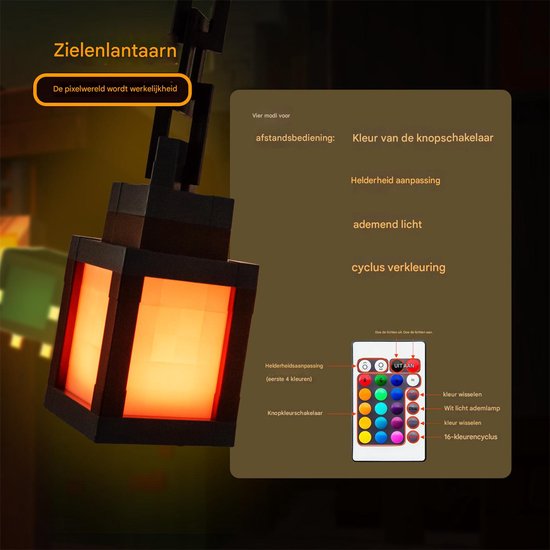 Ynkkvre - Pixelated Lantern Nachtlampje - 16-kleuren LED Wand Sfeer Nachtlampje met Afstandsbediening - Oplaadbare Nachtlamp, Monteerbare Tafellamp, Kostuum Cosplay Nachtkastje Lamp voor Kamerdecoratie voor Jongens van Ynkkvre — afbeelding 4