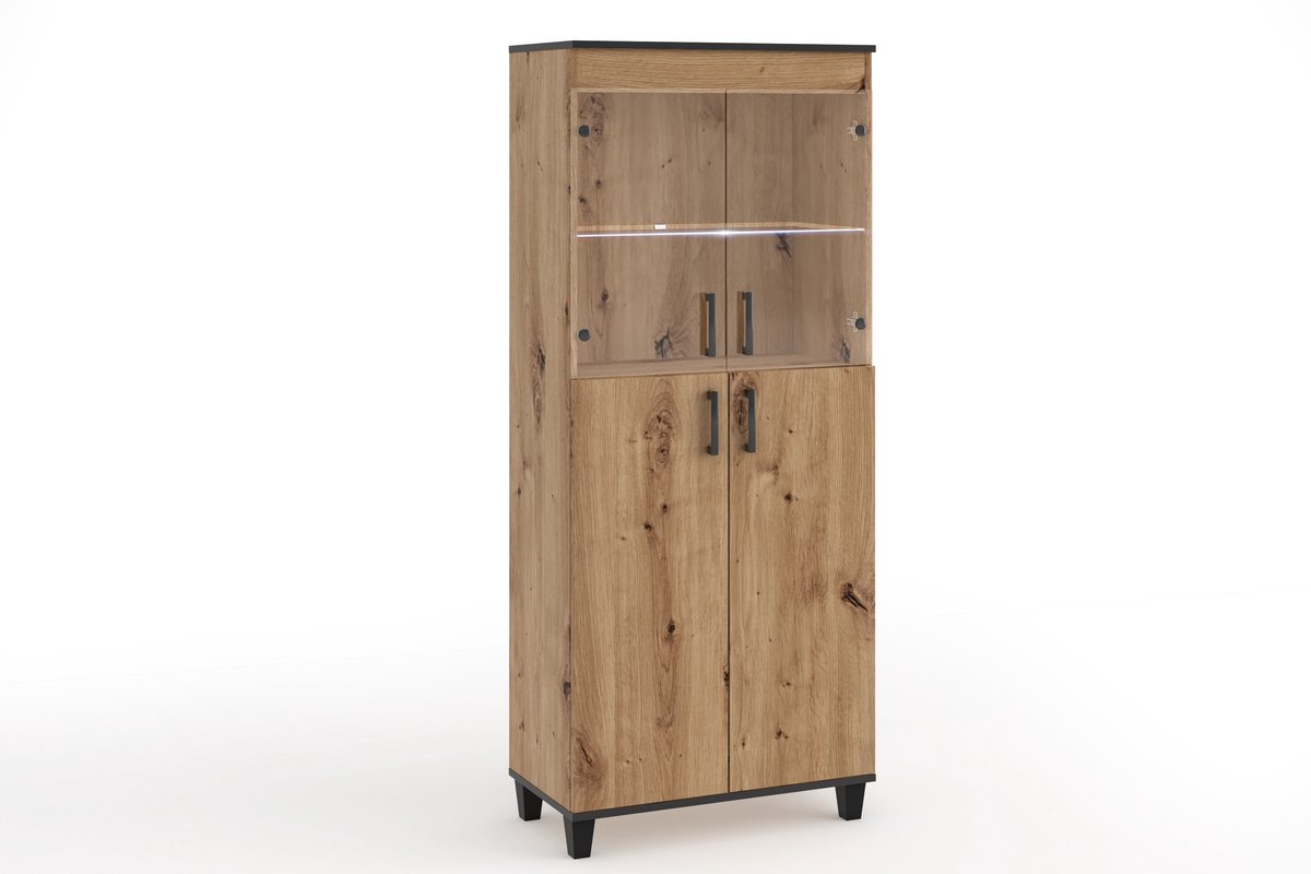 Margaret Hadas24 Vitrinekast Vanessa V Glazen barkast Kasten Rekken Houten meubels Woonkamer Glazen deur met houten poten Staande vitrinekast Woonkamermeubel Eiken Artisan