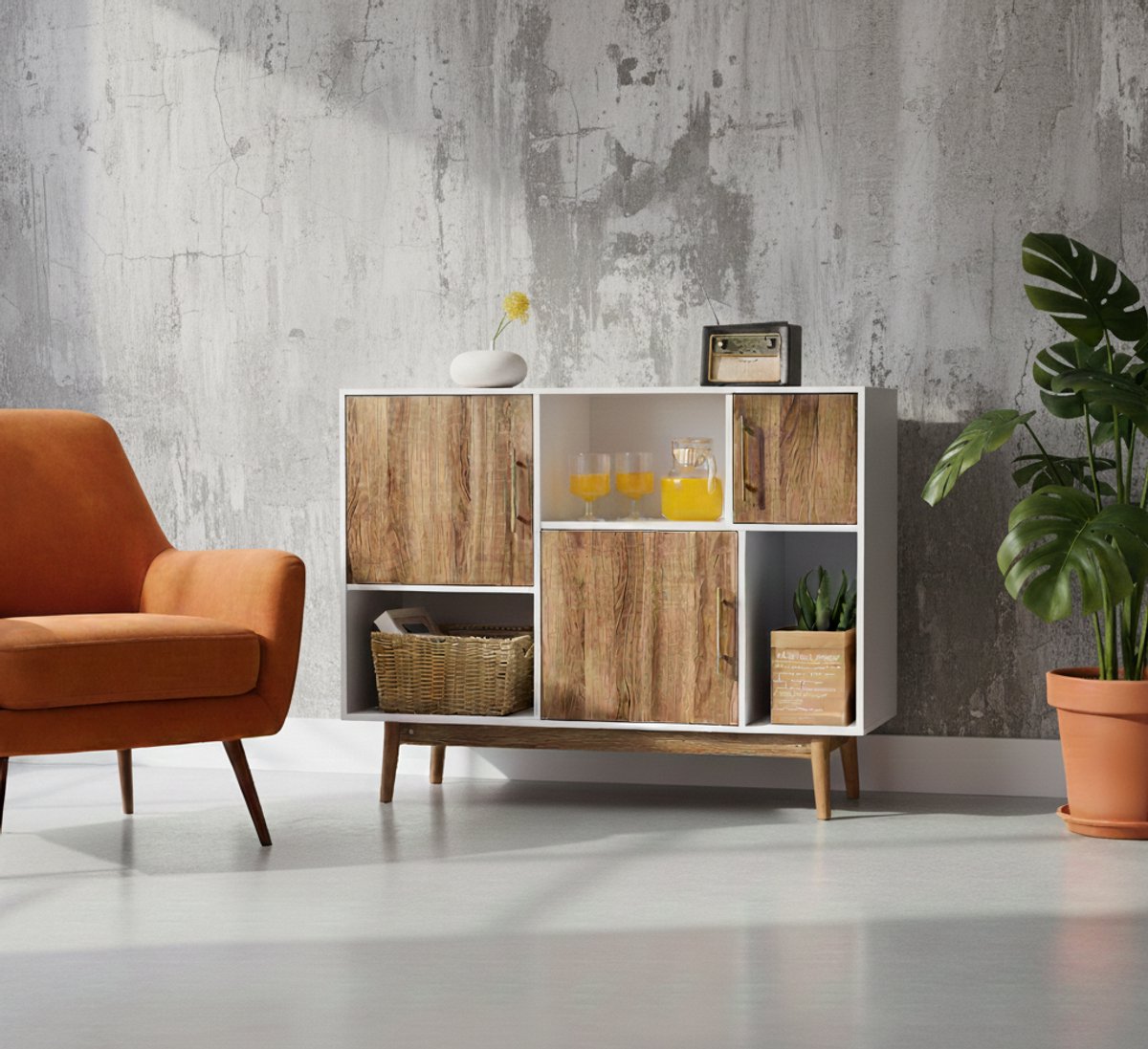 Dressoir Kast Modern Houten Sideboard met 3 Deuren – 6 Opbergvakken – Massief Constructie – Stabiel op 4 Poten – 95x31x76 cm – Wit/Naturel – House&Garden
