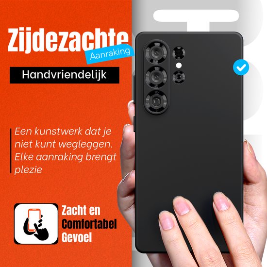 Zijdezachte, handvriendelijke zwarte telefoonhoes. Een hand houdt de hoes vast. Zacht en comfortabel gevoel.