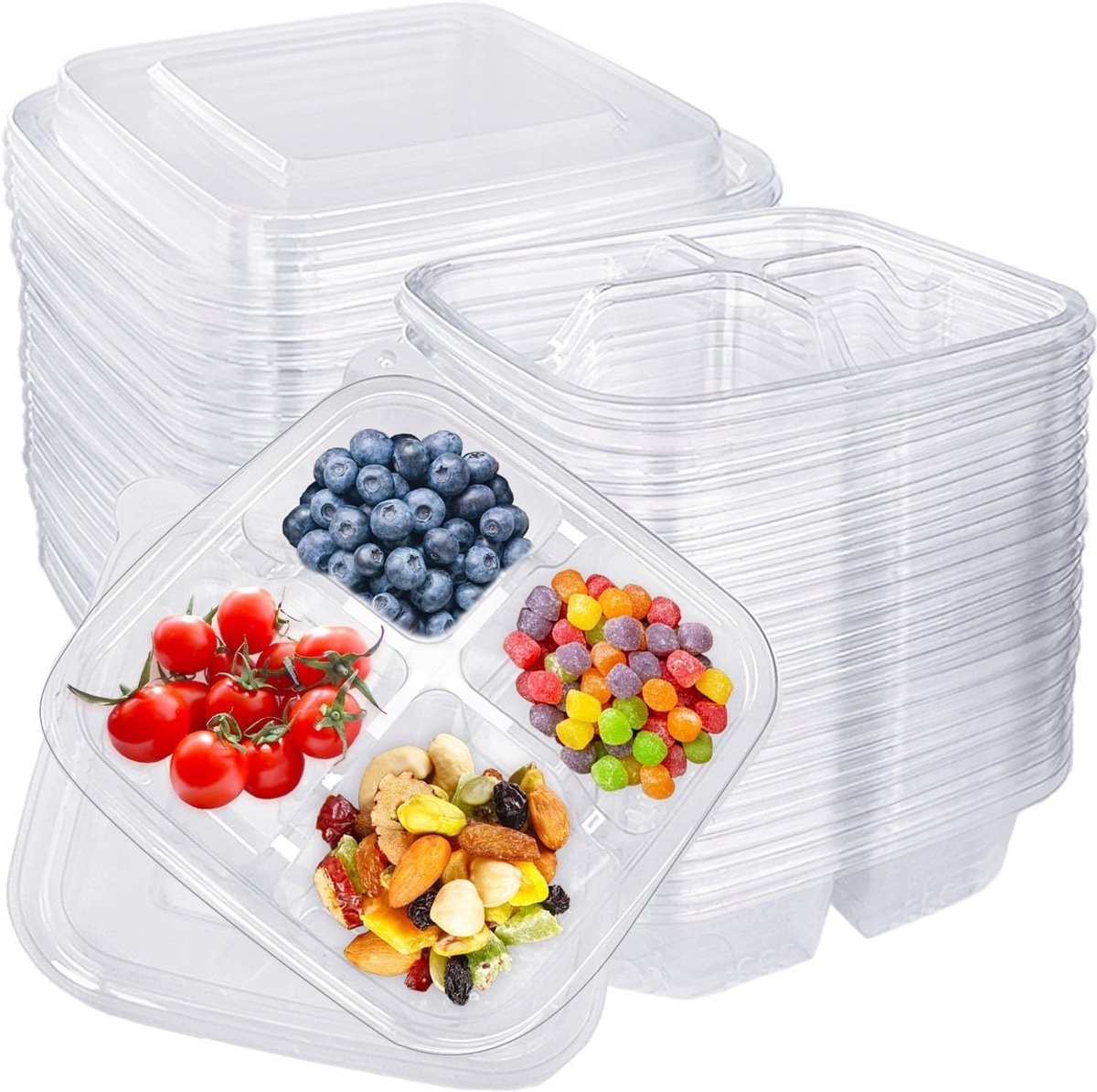 Famanu – 25 stuks bento-snackcontainers, 16 x 16 cm, 4 vakken, stapelbaar en lekvrij, voor school, w