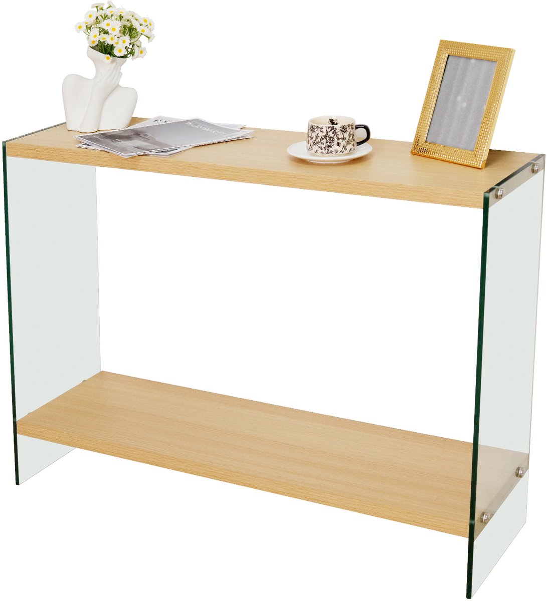 Artloge Consoletafel - 2 Planken - Houtlook - Console Tafel met Gehard Glas - 83x30x76cm - Haltafel voor Hal, Woonkamer, Entree