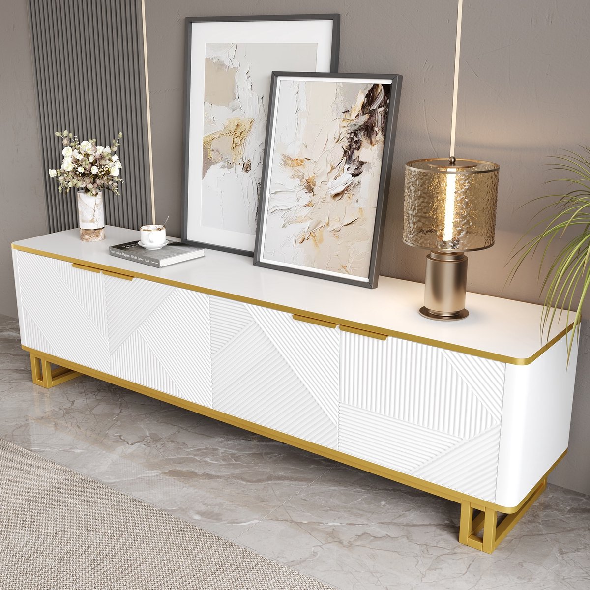 REDOM TV-meubel - MDF - geometrisch reliëf - 160 L x37,5 B x 48 H(cm) White Wit