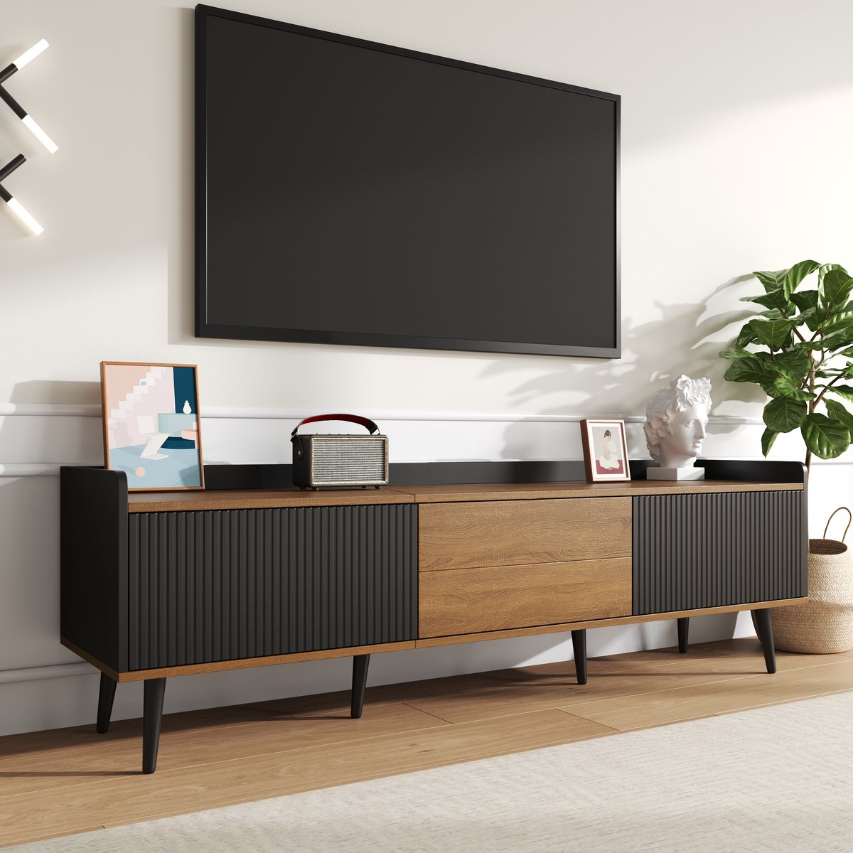 REDOM - TV-meubel - MDF & Particle Board - met deuren - 160 L x 39 W x 49,5 H / Black+Natu