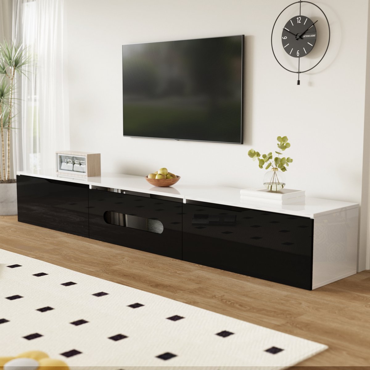 REDOM - TV-meubel - MDF - met deuren - 180 × 35 × 30 cm, Black,White