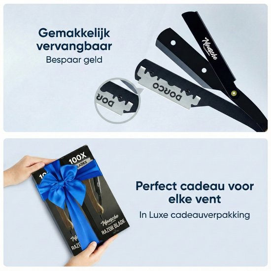 Collage: verwisselbare mesjes, doos met strik en "Perfect cadeau voor elke vent".