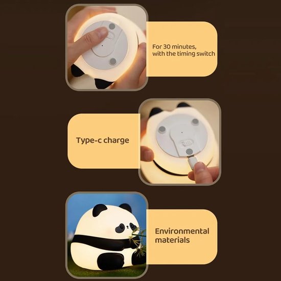 Kindernachtlampje met pandadesign, warm wit licht, met timer van 15/30 minuten, werkt op batterijen, geschikt voor slaapkamers en studentenkamers. van Lunaoo — afbeelding 3