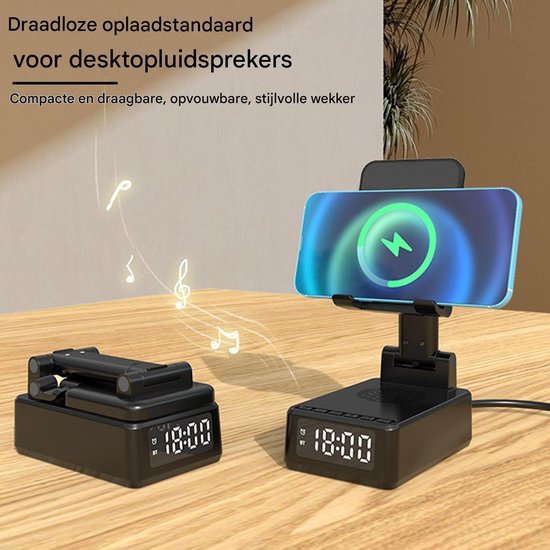 longziming -Multifunctionele Draadloze Bluetooth - Alles-in-1 Bluetooth Speaker met Draadloze Oplader en Wekker - Telefoonhouder & Nachtkast-Organizer - Compact Bureau- en Bedside Accessoire - Zwart van Longziming — afbeelding 5