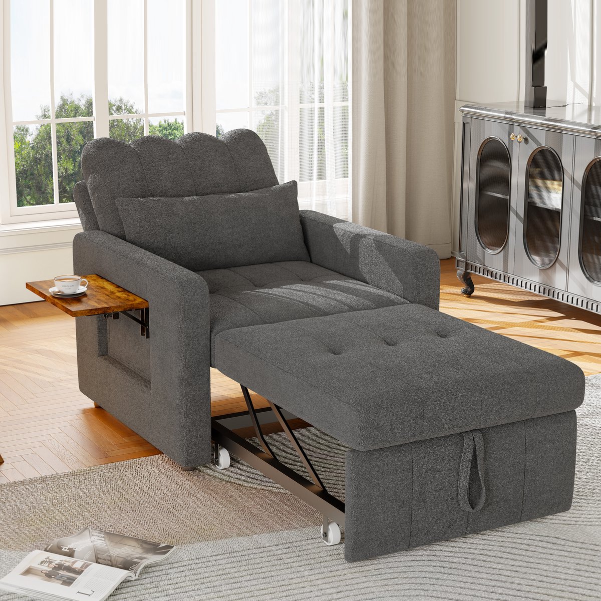 Chaise Longues 5-staps Verstelbare Leunstoel – Relaxsessel Schlafsessel met Klaptafel en Opbergtas, Geschikt voor Woonkamer, Slaapkamer, Thuisbioscoop, Grijs Chenille Stof (300kg Draagvermogen)