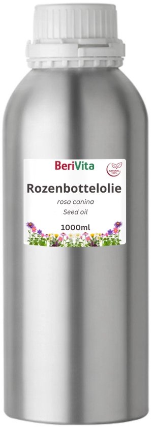 Grote zilverkleurige fles Berivita Rozenbottelolie, met label met bloemen en tekst.