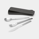 Set de couverts Brabantia en acier inoxydable avec cuillère, fourchette et couteau, accompagné d'un étui de rangement gris foncé.
