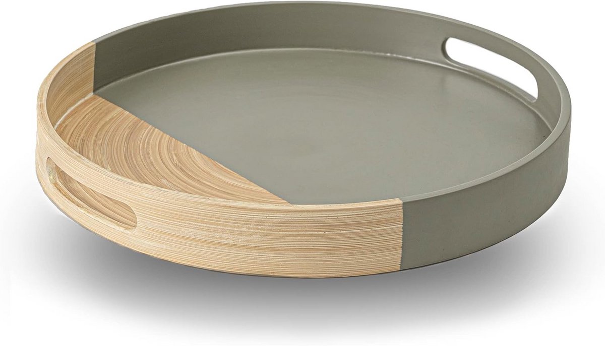 Rond Bamboe Dienblad 13.7 Inch met Handvatten – Semi-Grijs – voor Eettafel, Ottomaan, Bar