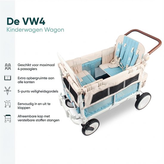 WonderFold Volkswagen W4 Bolderkar - 4-zits Kinderwagen - Opvouwbaar - Blauw (Draagvermogen tot 90kg) van Merkloos — afbeelding 2