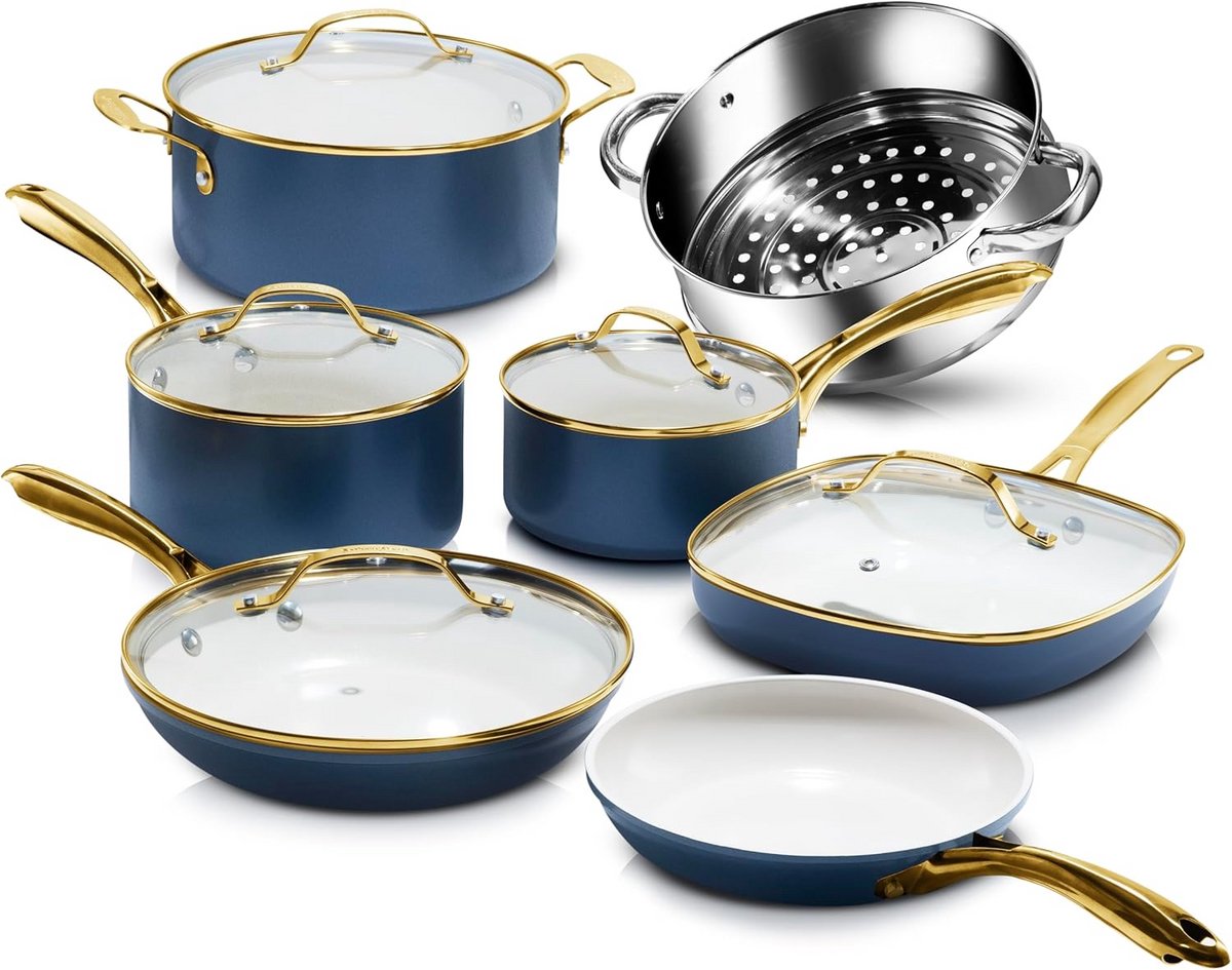 Keramische Kookpannen- en Pannenset, 12-Delig Anti-Aanbak Cookware Set, Ovenbestendig tot 400°F, Geschikt voor Inductie, Gas, Elektrisch, Vatwascharm, Gezond Koken zonder PFOA