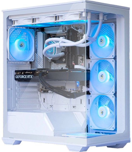 White computerkast met blauwe RGB verlichting in de ventilatoren en op de moederbordkoeler.