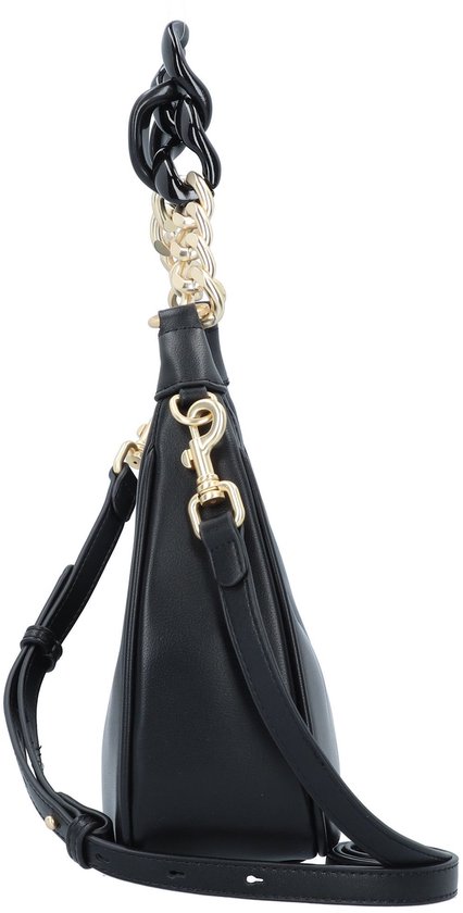 Sac à bandoulière noir avec chaîne dorée, poignée torsadée et bandoulière réglable.