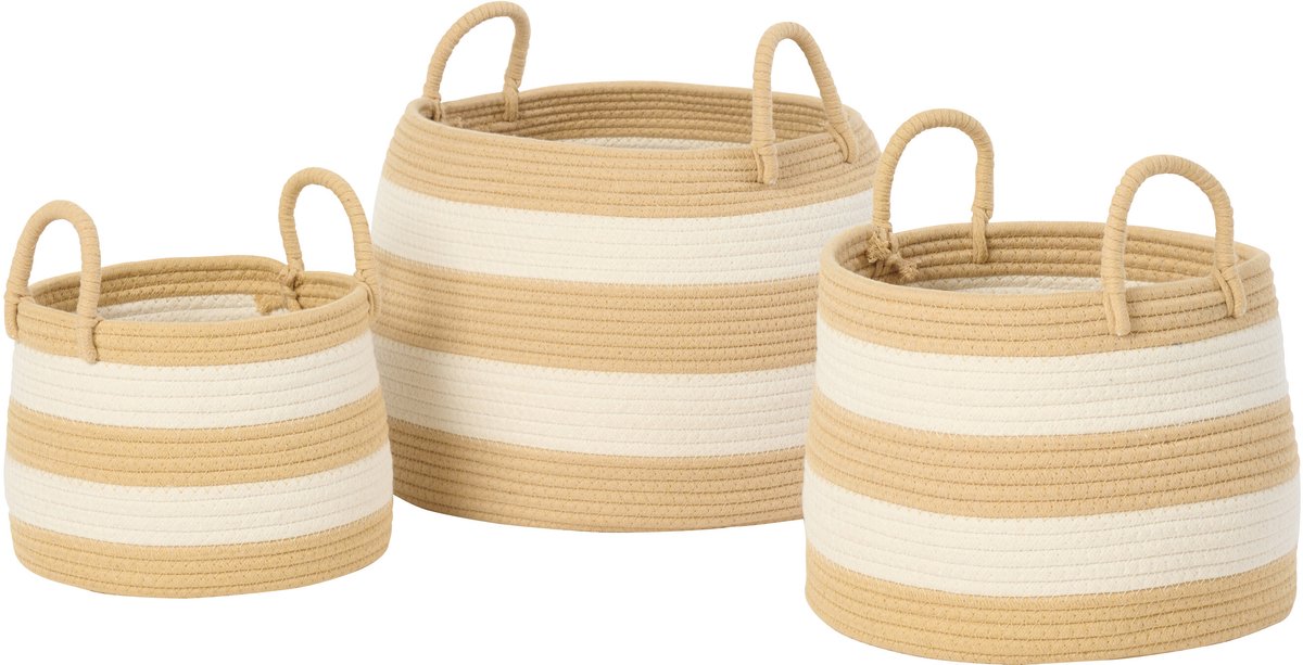 J-Line mand met handvat Rond Gestreept - polyester - naturel/wit - set van 3