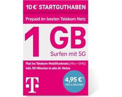 MagentaMobil Prepaid S SIM-kaart – 5G/LTE Max met 1 GB & Flat, 50 Belminuten Gratis, Geen Contract – 10 EUR