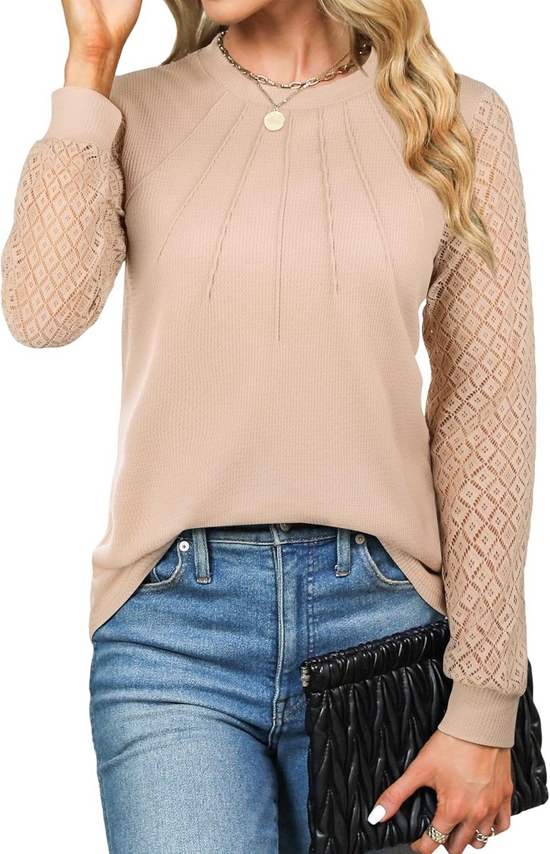 Dames Wafelgebreid Shirt met Lange Mouwen en Kant | Ronde Hals, Geplooide Top | Herfst Casual Elegante Blouse