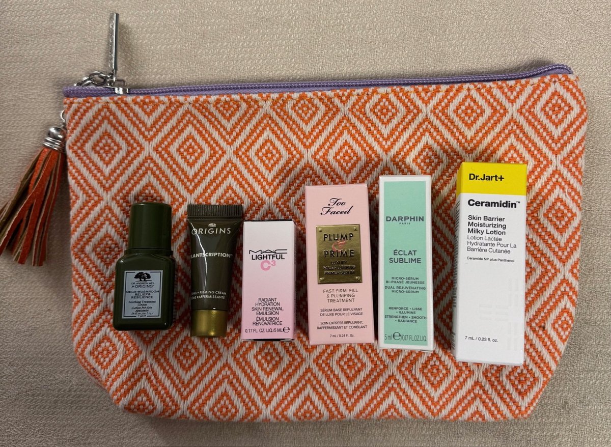 ORIGINS 6 Piece Skin Care Travel Set + MAC radiant emulsion 5 ml+ Too Faced primer serum 7 ml + Dt.Jart+ Lotion 7 ml + Serum 5 ml