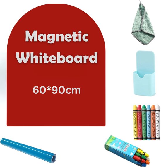 Tableau blanc magnétique de 60x90cm avec accessoires : chiffon de nettoyage, porte-stylo et craies.