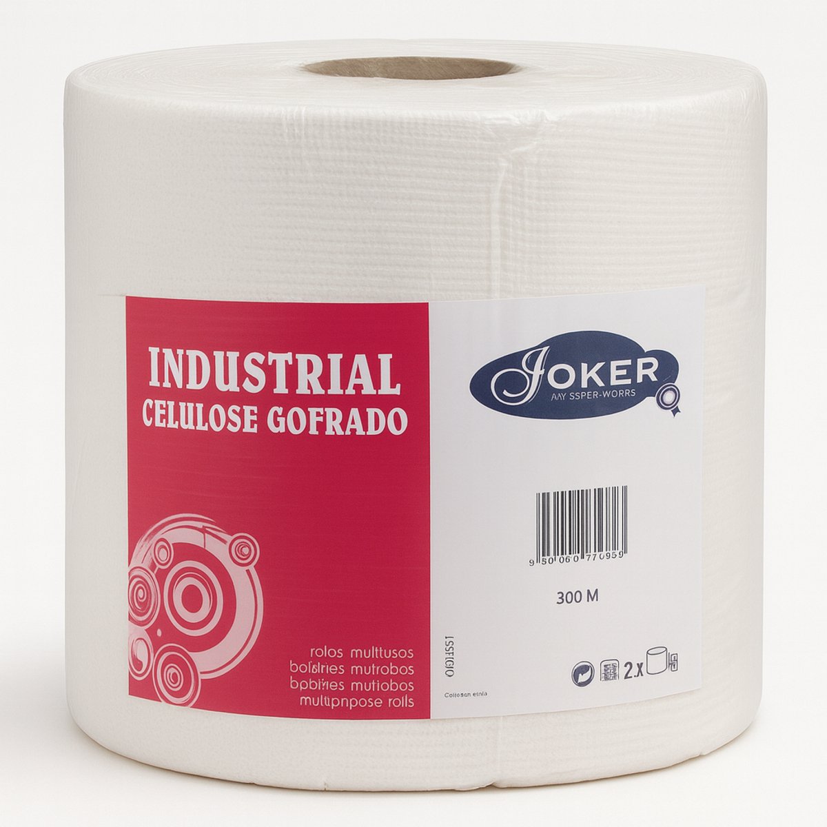 Industrieel Poetspapier 300 m – 2 Rollen – 2-Laags Cellulose – JOKER Industrial Cellulose Gofrado