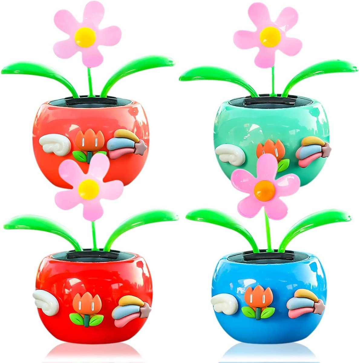 Ronte - Auto bloemen set van 4 stuks | Zonne-energie | Voor auto, kantoor en bureau | Decoratie | Flikkerende bloemen