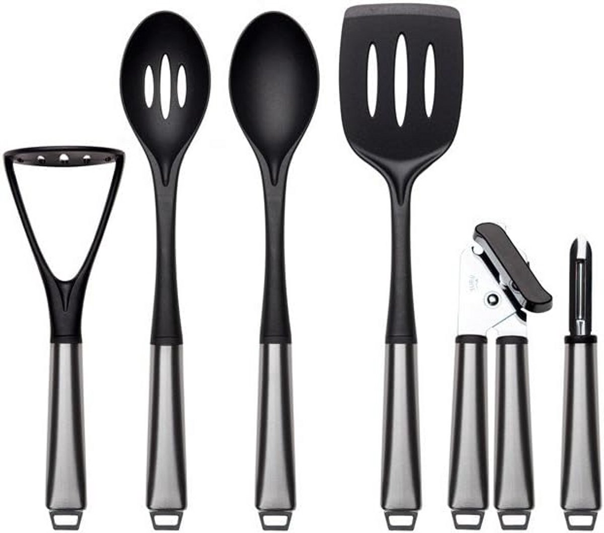 6-delige RVS Nylon Keukengerei Set - Masher, Lepel, Turner, Blikopener & Peeler