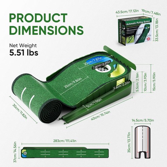 Novendo Goods - Putting mat – Indoor golf mat met automatische balretour - Uitlijningsgeleider en antislip onderzijde – Putting training voor thuis of op kantoor van Novendo Goods — afbeelding 2