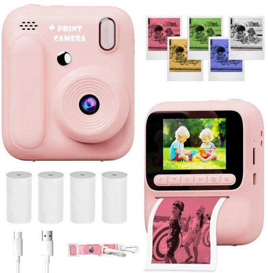 Appareil photo instantané pour enfants, 1080p, avec 4 rouleaux de papier photo, carte mémoire 32 Go, appareil photo numérique portable pour garçons et filles de 3 à 14 ans - Rose