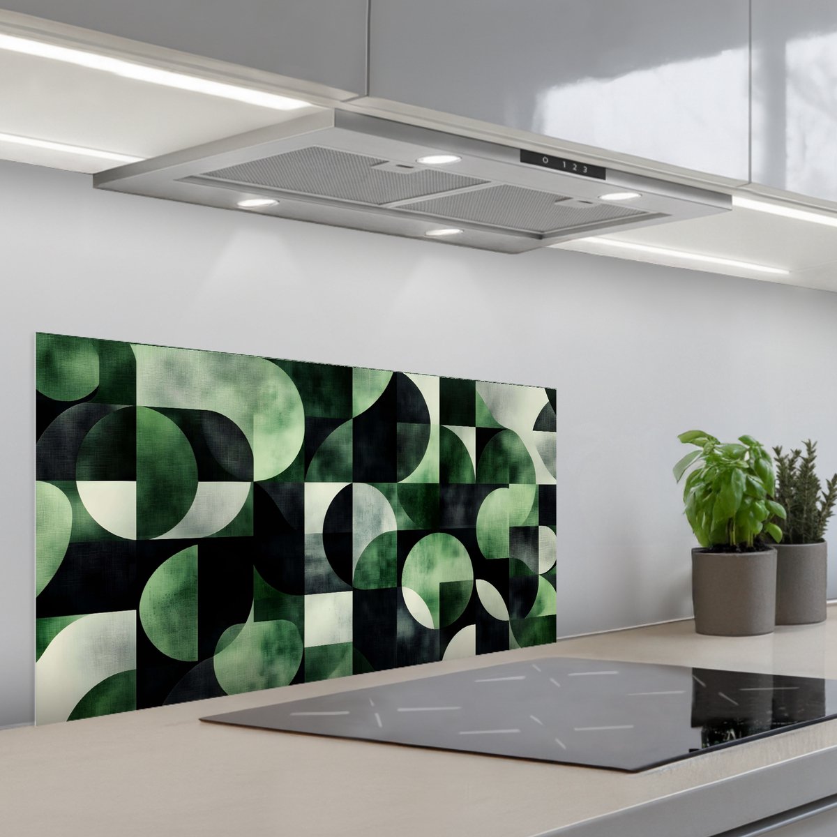 Spatscherm 90x45 cm - Zelfklevende achterwand Abstract - Groen - Vormen - Keuken muurbeschermer - Spatwand fornuis