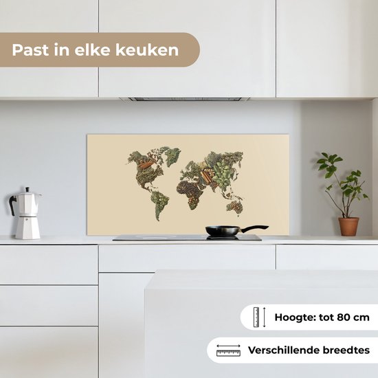 Spatscherm 90x45 cm - Zelfklevende achterwand Wereldkaart - Kruiden - Kleurrijk - Keuken muurbeschermer - Spatwand fornuis