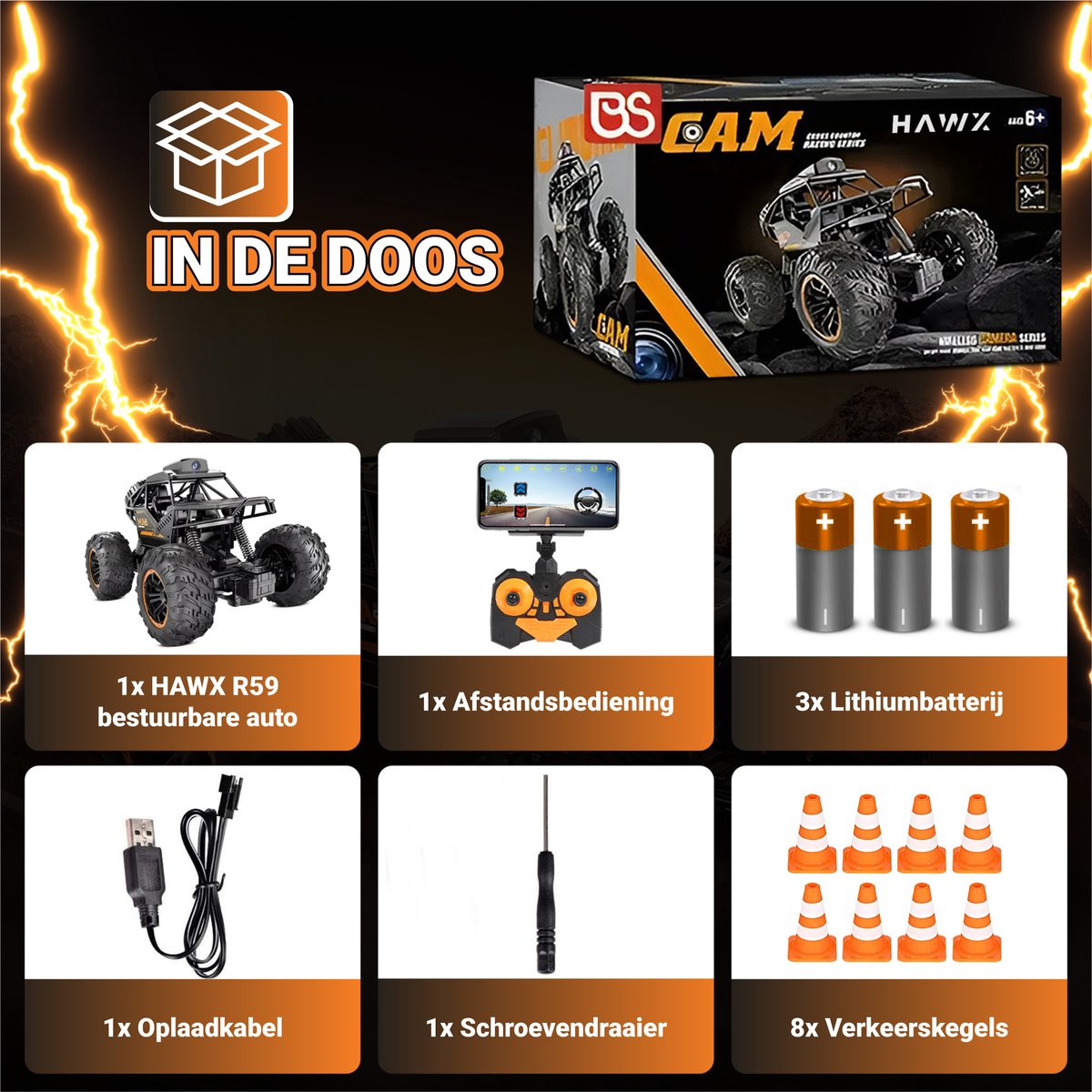 HAWX Bestuurbare Auto - 4K Camera - RC Auto - Race Auto - Monstertruck - Afstandsbestuurbare Auto - Volwassenen en Jongens - Voor Buiten - Incl. 3 Batterijen, 8 Verkeerskegels — afbeelding 5