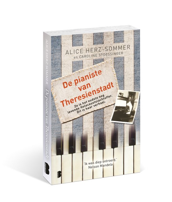 Boek 'De pianiste van Theresienstadt' met een blauw-wit gestreepte achtergrond en pianotoetsen.