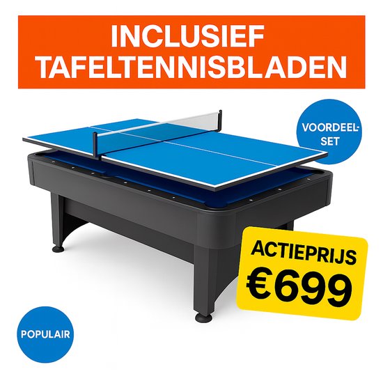 Cub Sports® Blackpool Pooltafel 7ft - en Tafeltennistafel - Hufterproof - Indoor Pooltafel - Tafeltennis voor thuis - Pooltafel 7ft - Zwart - Blauw laken - 80kg- 2 jaar garantie - Inclusief tafeltennisbladen - Keuen - Set poolballen -Bats-Net-ballen