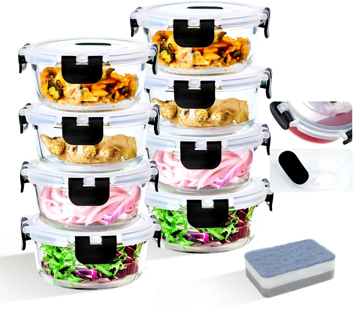 Mealprep bakjes - 8 Glazen voedsel containers - 8x 400 ml - Glas - Rond - Luchtdicht - Voor Koelkast - Vriezer - Oven - Diepvries - Magnetronbestendig - Voor Lunch - Snacks - Bewaren