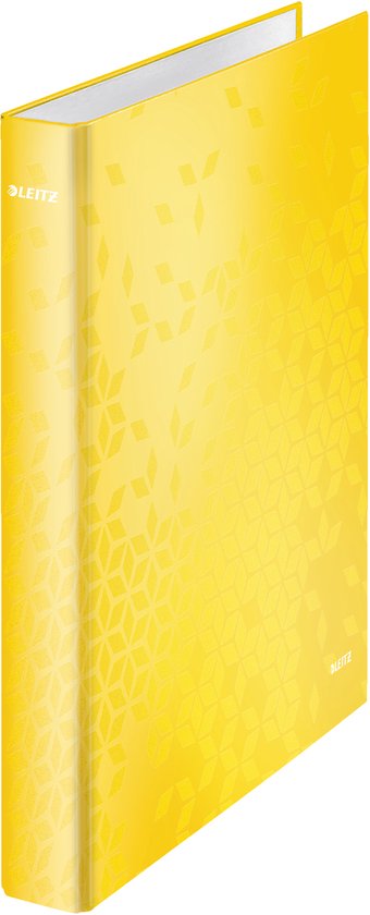 Classeur jaune Leitz à motif géométrique.