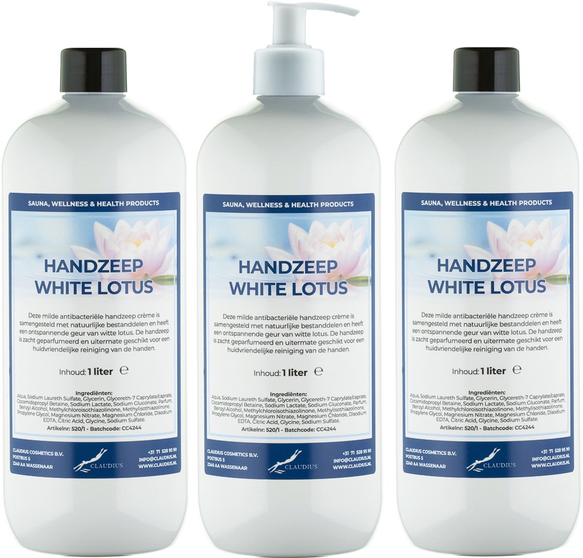 Handzeep White Lotus 1 liter - set van 3 stuks - met gratis pomp - Voordeelverpakking