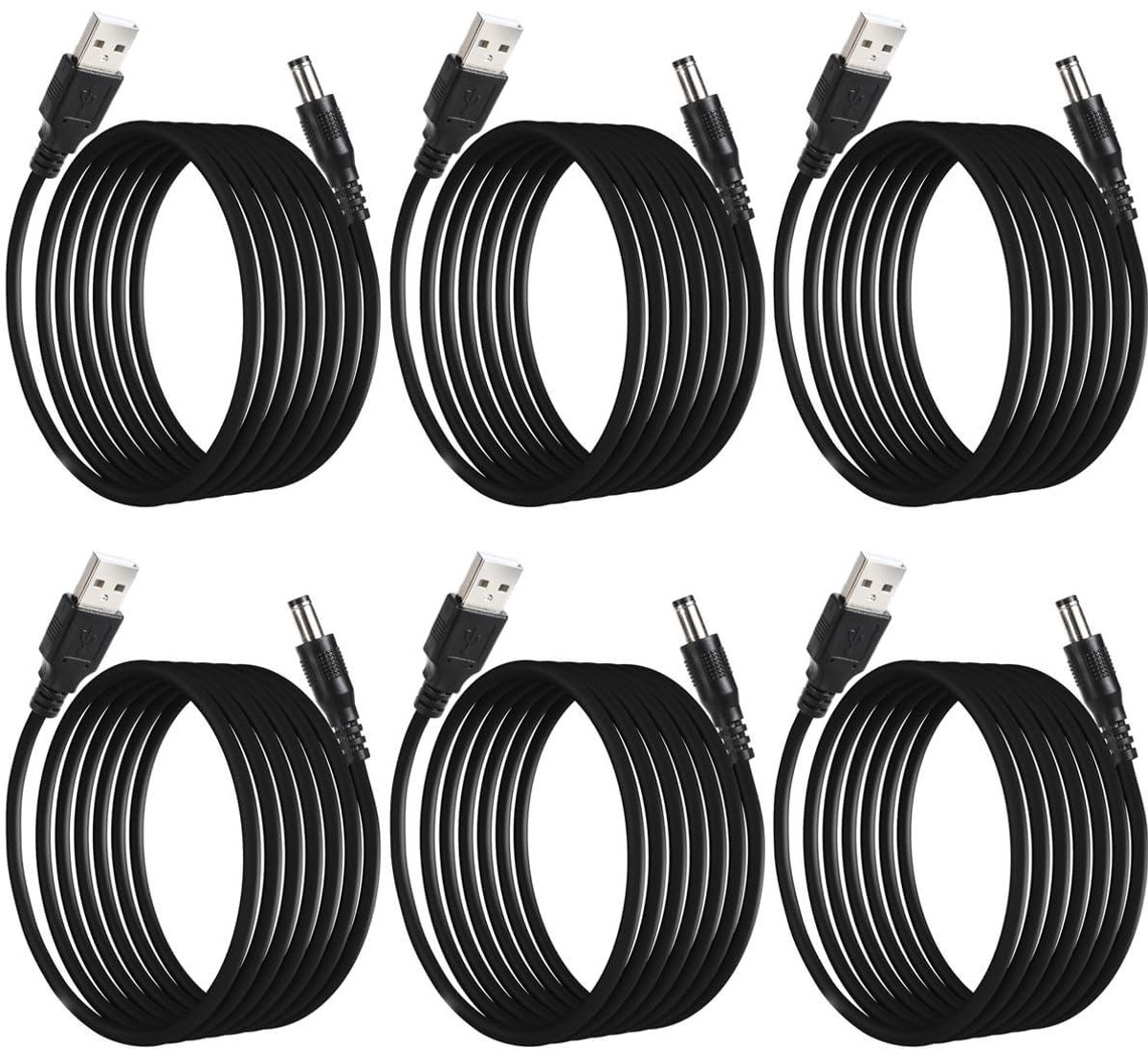 Eamber - USB naar DC 5V voedingskabel, 4 stuks, 2 meter lang, zwart