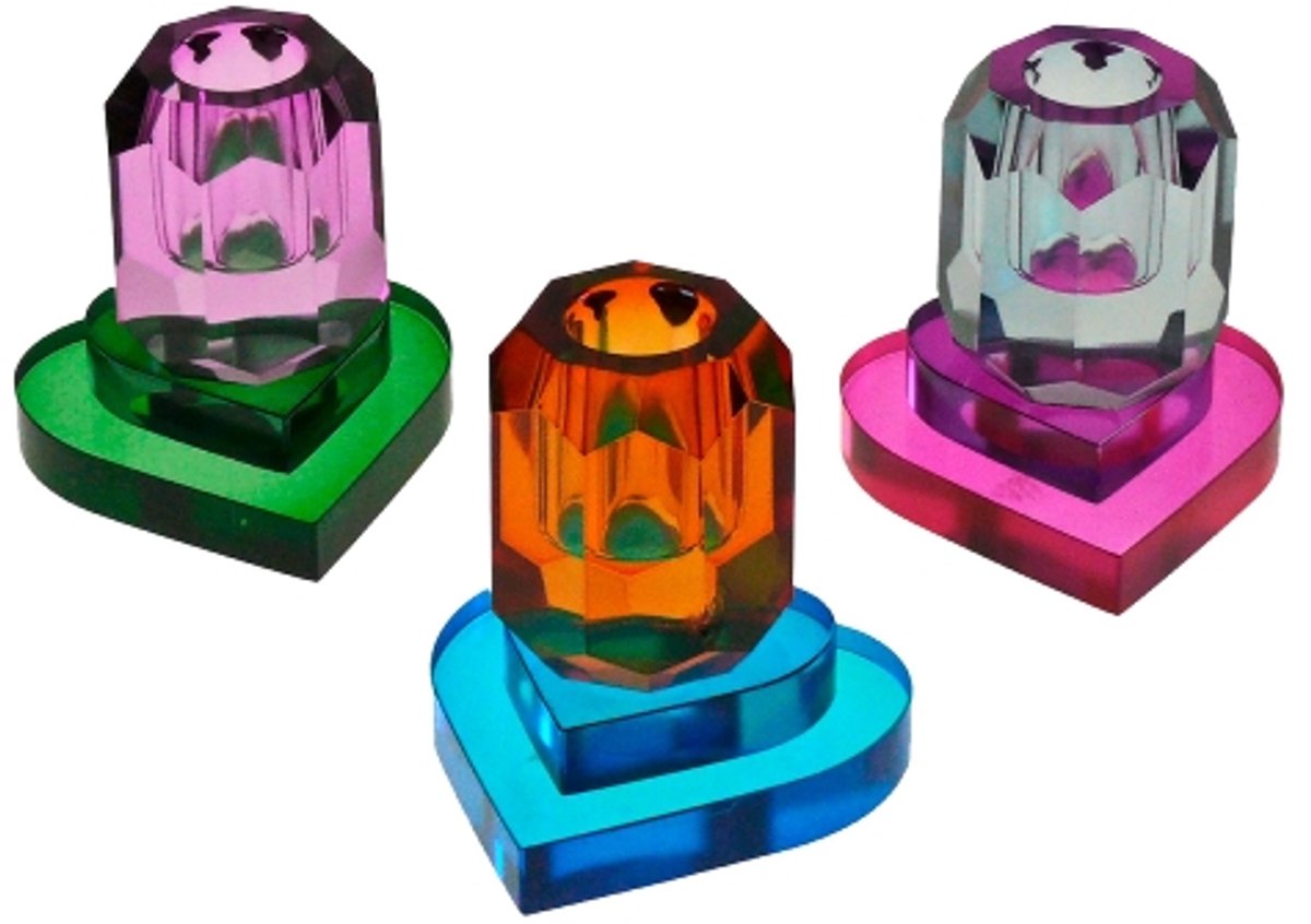 Kristallen Kaarsenhouder hart - Roze Oranje roze groen blauw - set van 3 - dinerkaars houder