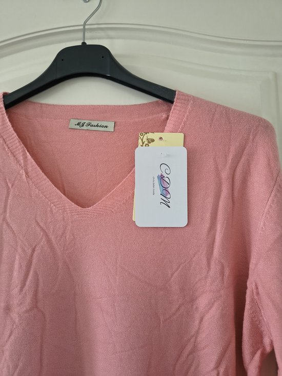 Dames warme trui Alida-V-hals-fijngebreid-effen roze-lange mouwen-maat XL/XXL