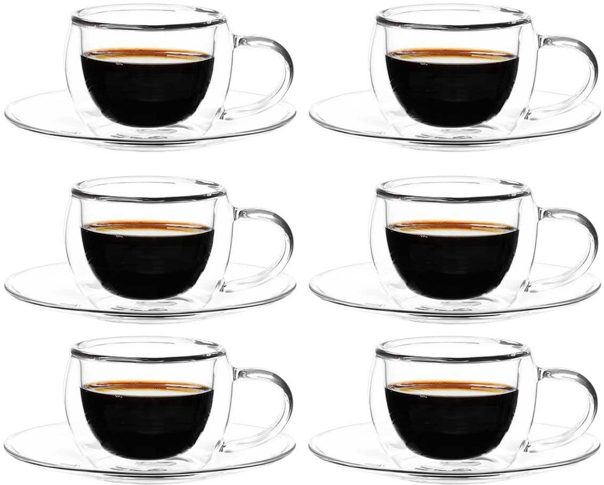 Bricard Dubbelwandige Glazen met Schotel - 80ml - Set van 6 - Espresso Glas - Turkse Koffieglazen en onderzetters