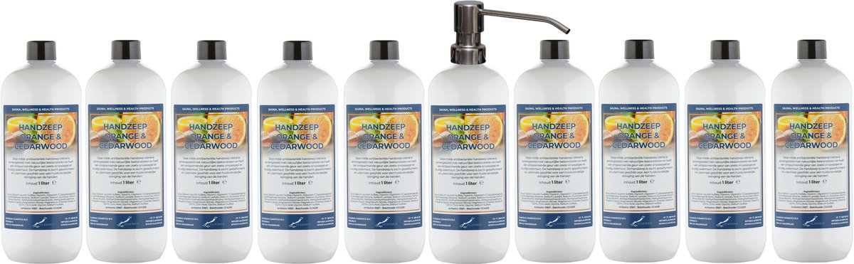 Handzeep Sweet Orange & Cedarwood 1 liter - set van 10 stuks - met gratis RVS zilverkleurige pomp - Voordeelverpakking